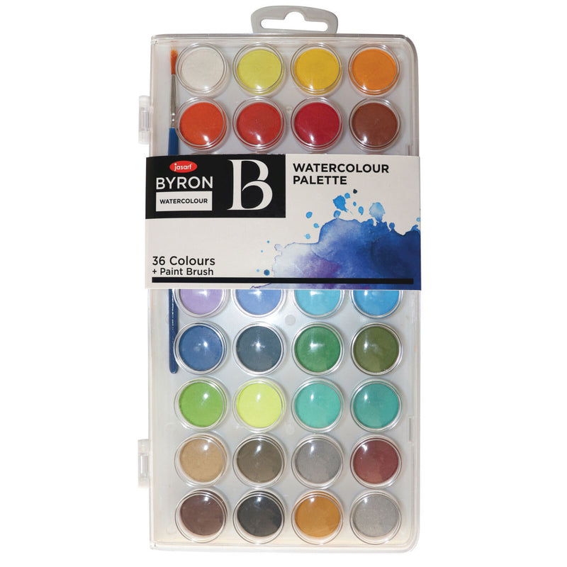 Jasart Byron Watercolour Palette set of 36 colours in a clear case with hang tab, card sleeve and a blue handled paint brush
