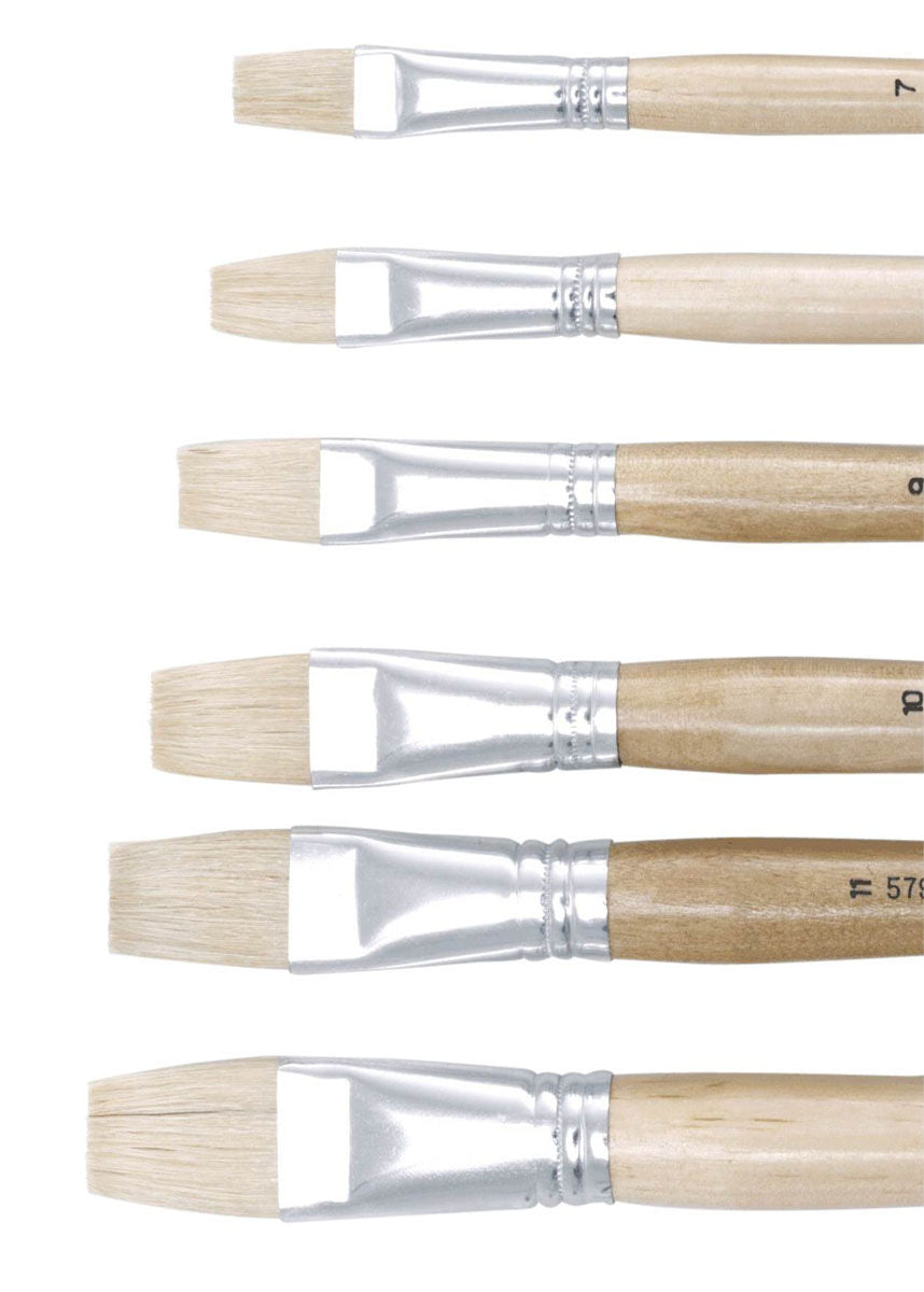 Close up of Jasart Series 579 flat hog bristle brush heads in a range of sizes showing cream bristles and silver seamless ferrules