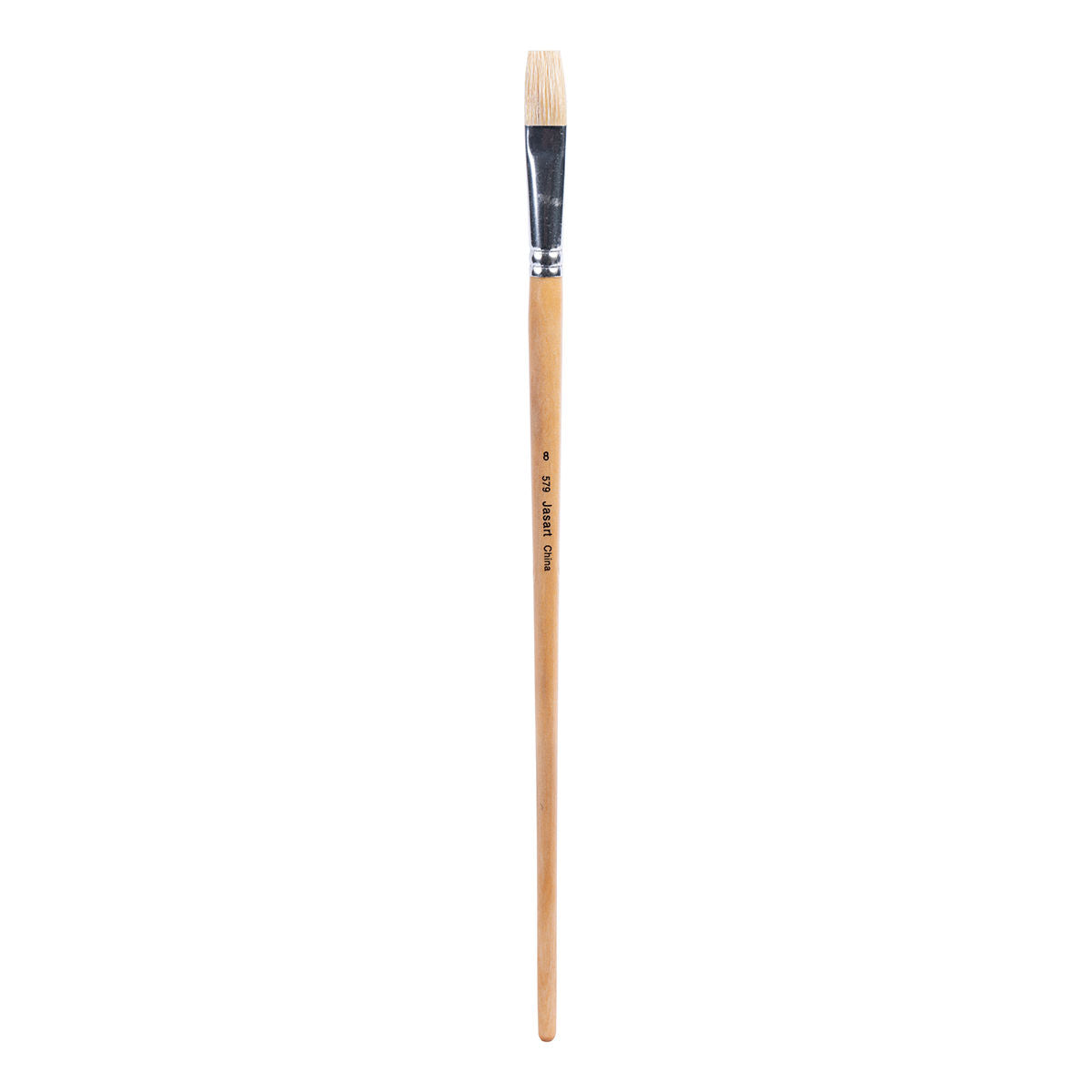 Jasart Series 579 size 8 flat hog bristle paint brush with cream bristles, black ferrule and long natural polished wooden handle