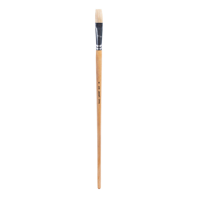 Jasart Series 579 size 8 flat hog bristle paint brush with cream bristles, black ferrule and long natural polished wooden handle