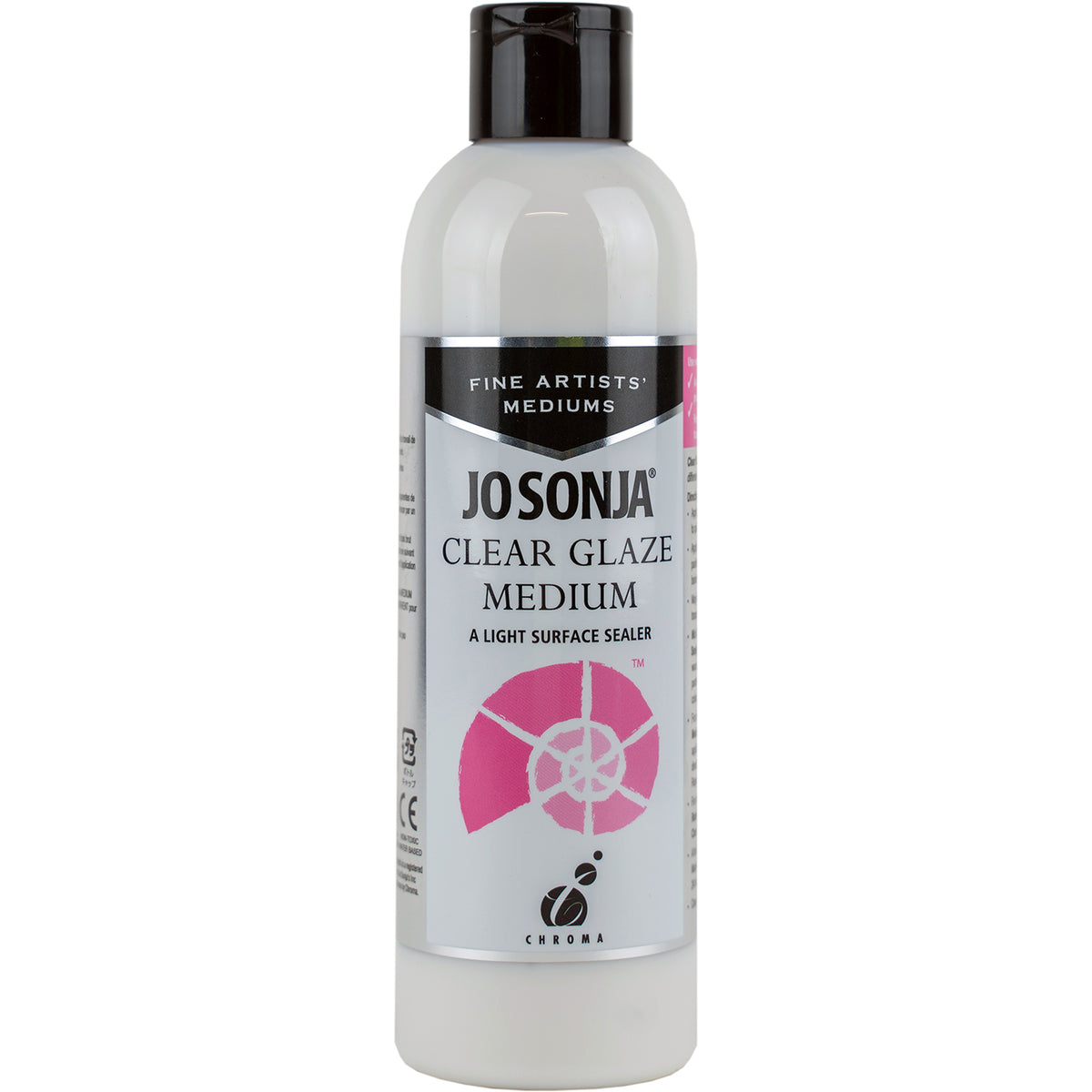Jo Sonja Clear Glaze Medium 250ml white bottle with black flip cap, Fine Artists' Mediums band and pink shell logo, labelled A Light Surface Sealer