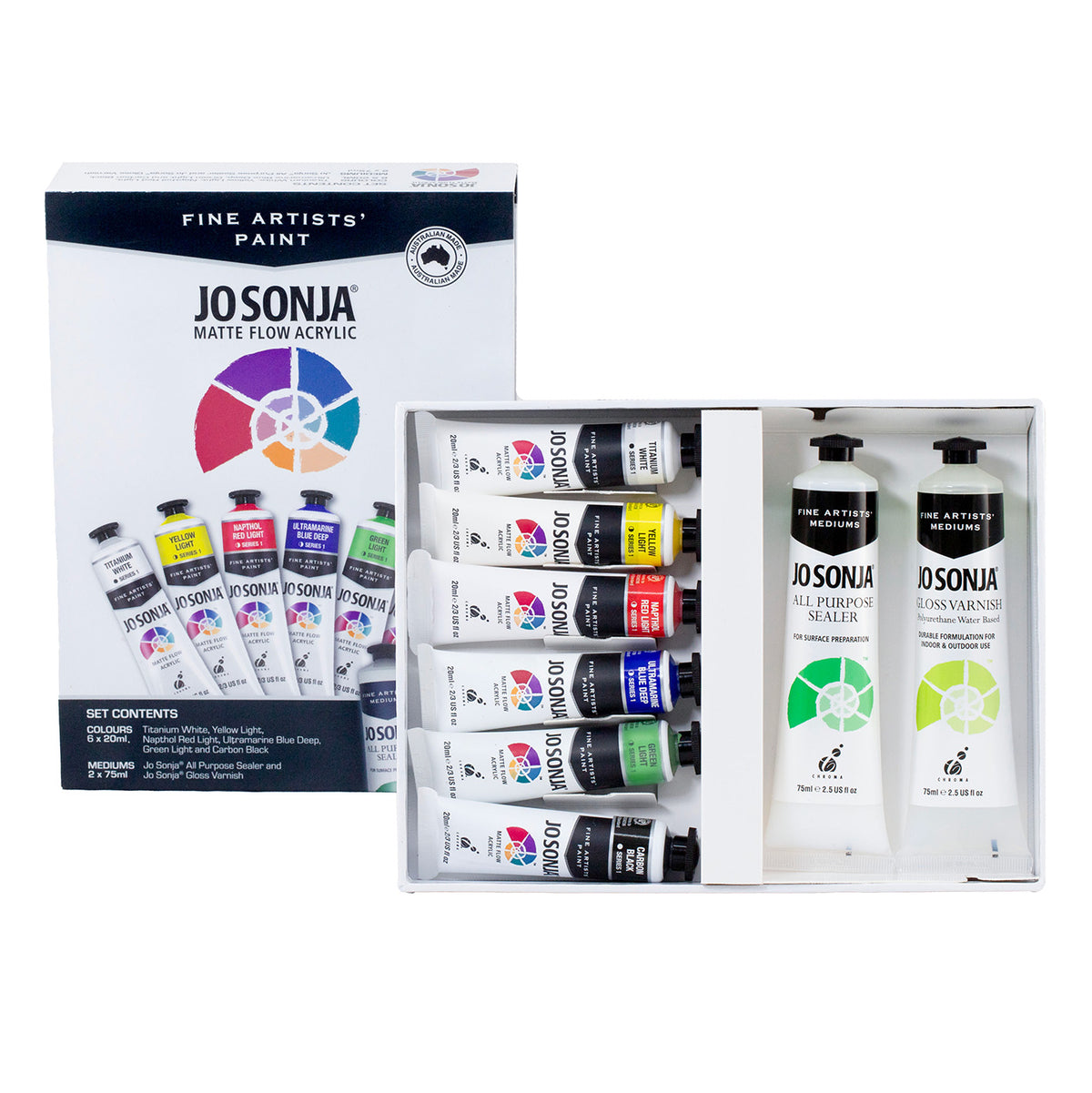 Jo Sonja's Matte Flow Acrylic set box beside open tray with six 20ml tubes, All Purpose Sealer and Gloss Varnish