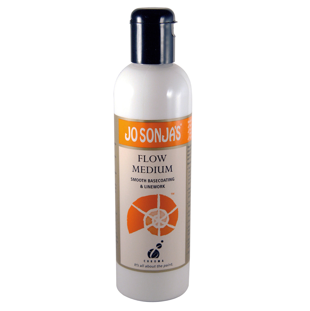 Jo Sonja's Flow Medium 250ml white bottle with black flip cap, orange label band and orange shell logo, labelled Smooth Basecoating and Linework