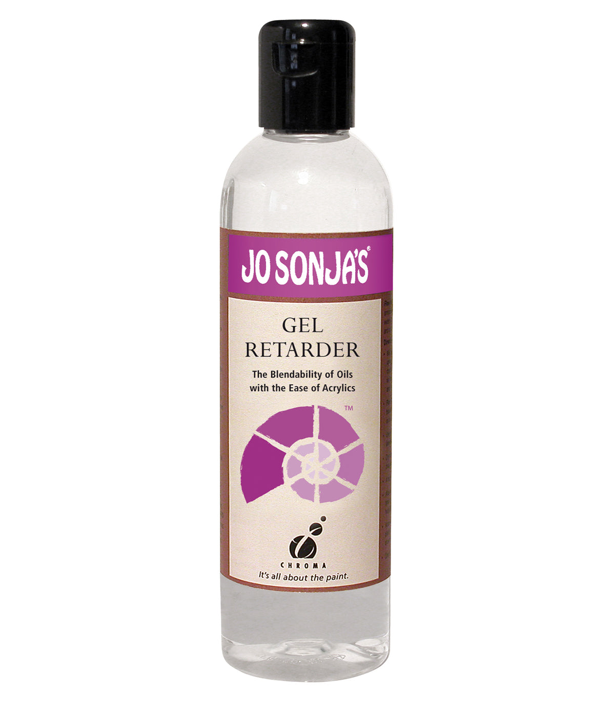 Jo Sonja's Gel Retarder 250ml clear bottle of clear gel with black flip cap, purple label band and purple shell logo
