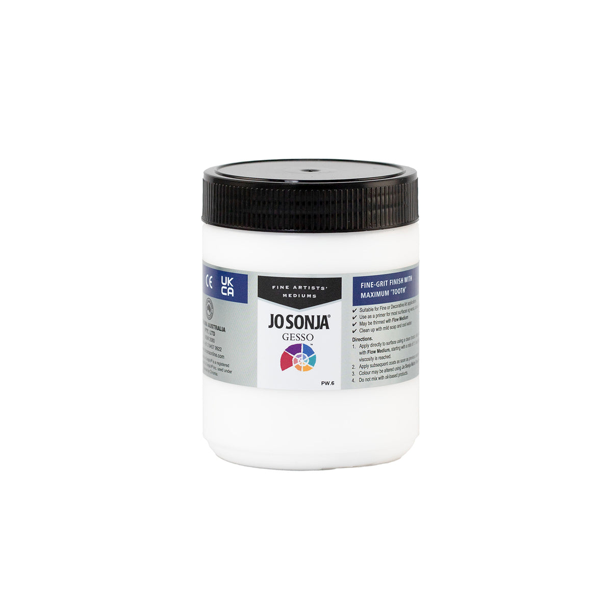 Jo Sonja Gesso White 500ml white jar with black screw lid and Fine Artists' Mediums label printed Fine-Grit Finish with Maximum Tooth