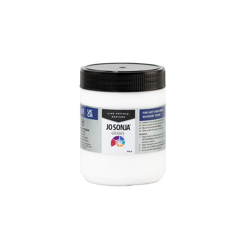 Jo Sonja Gesso White 500ml white jar with black screw lid and Fine Artists' Mediums label printed Fine-Grit Finish with Maximum Tooth