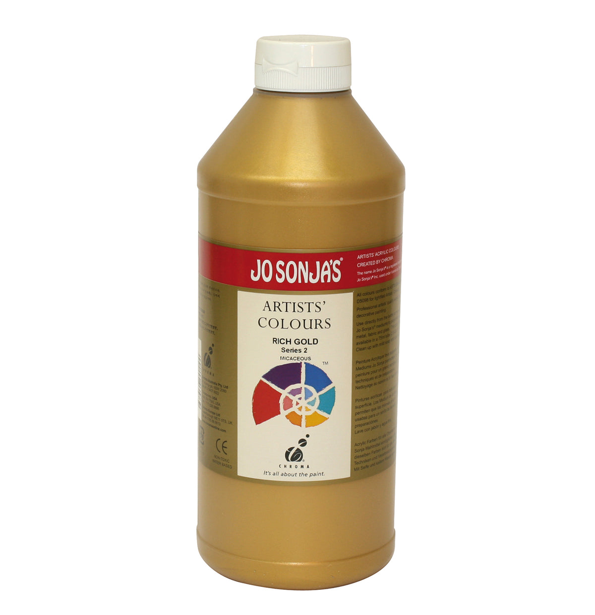 Jo Sonja's Artists' Colours Rich Gold 1 litre bottle with white flip-top cap and red Jo Sonja's label band, warm gold metallic paint filling the bottle