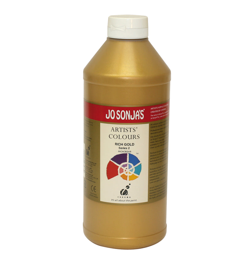 Jo Sonja's Artists' Colours Rich Gold 1 litre bottle with white flip-top cap and red Jo Sonja's label band, warm gold metallic paint filling the bottle