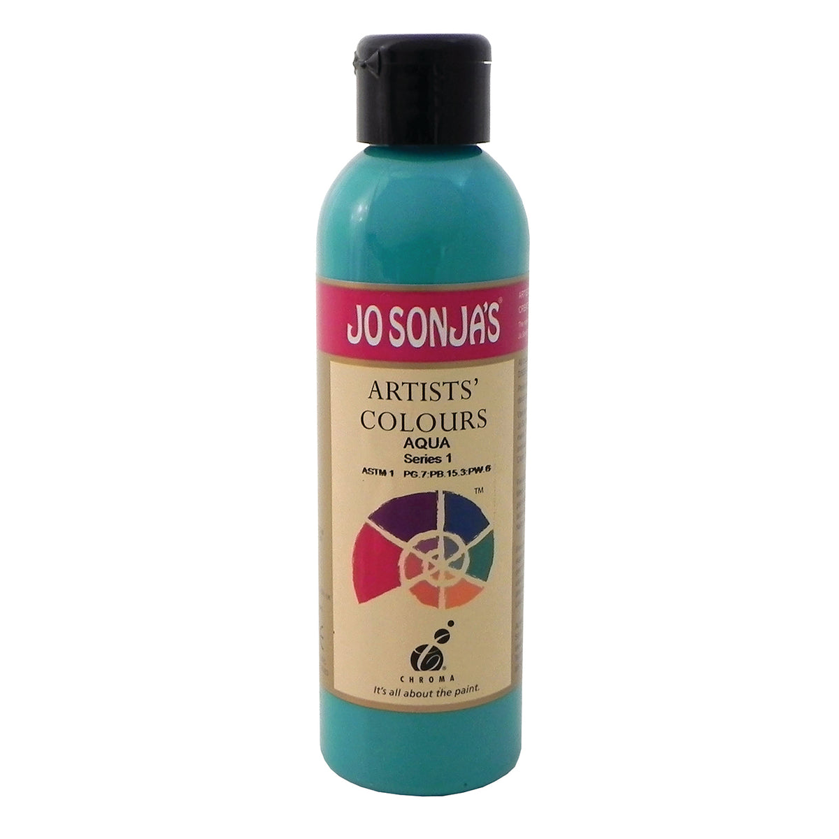 Jo Sonja's Artists' Colours Aqua 250ml bottle with black flip-top cap and pink Jo Sonja's label, soft turquoise paint showing through the bottle
