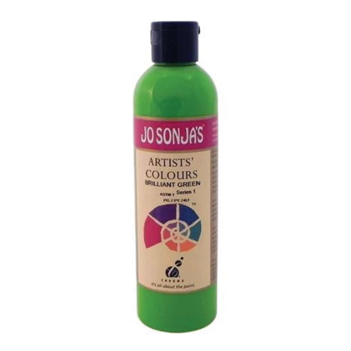 Jo Sonja's Artists' Colours Brilliant Green 250ml bottle with black flip-top cap and pink Jo Sonja's label, mid leaf green paint showing through the bottle