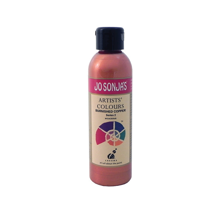 Jo Sonja's Artists' Colours Burnished Copper 250ml bottle with black flip-top cap and pink Jo Sonja's label, pinkish copper metallic paint showing through the bottle