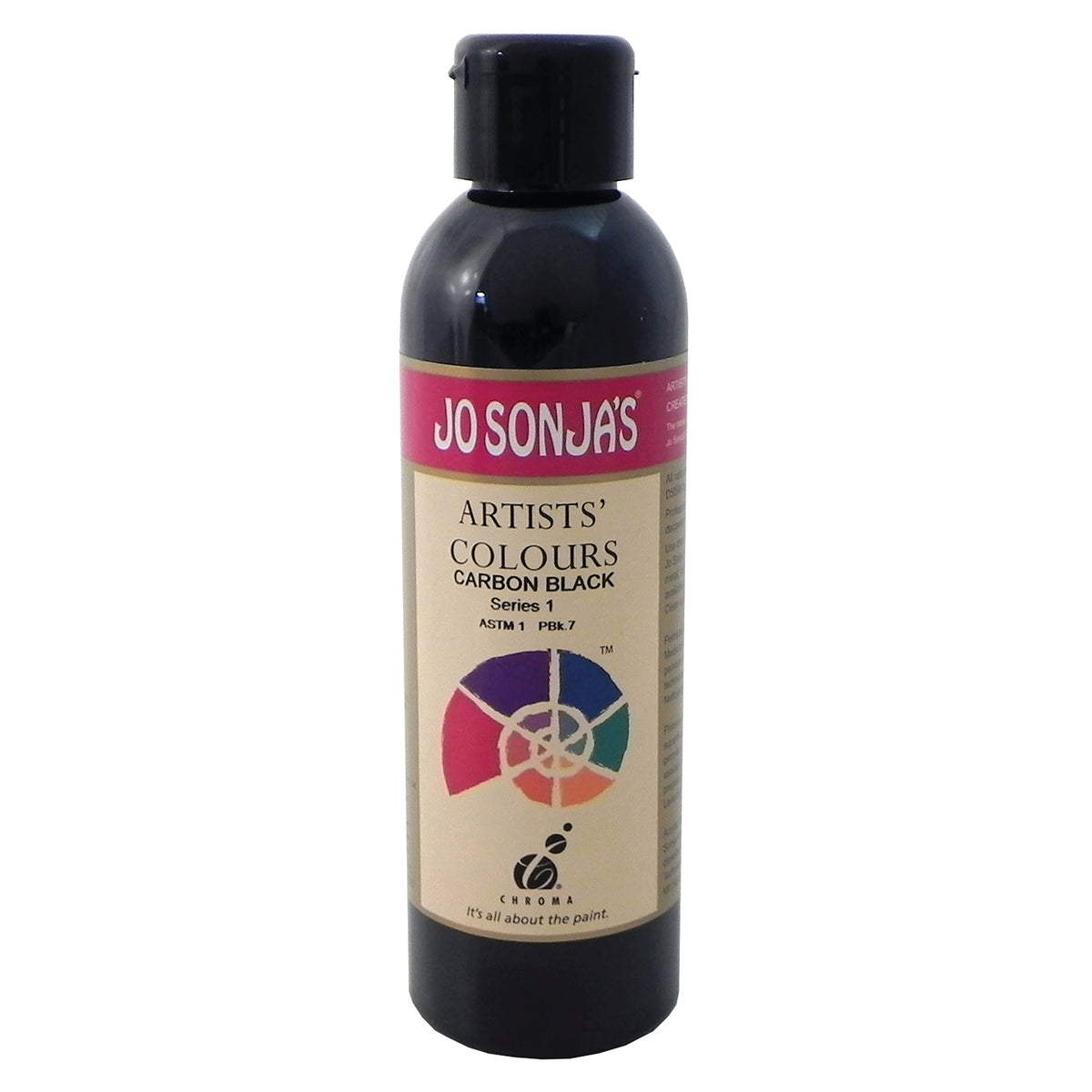 Jo Sonja's Artists' Colours Carbon Black 250ml bottle with black flip-top cap and pink Jo Sonja's label, black paint showing through the bottle