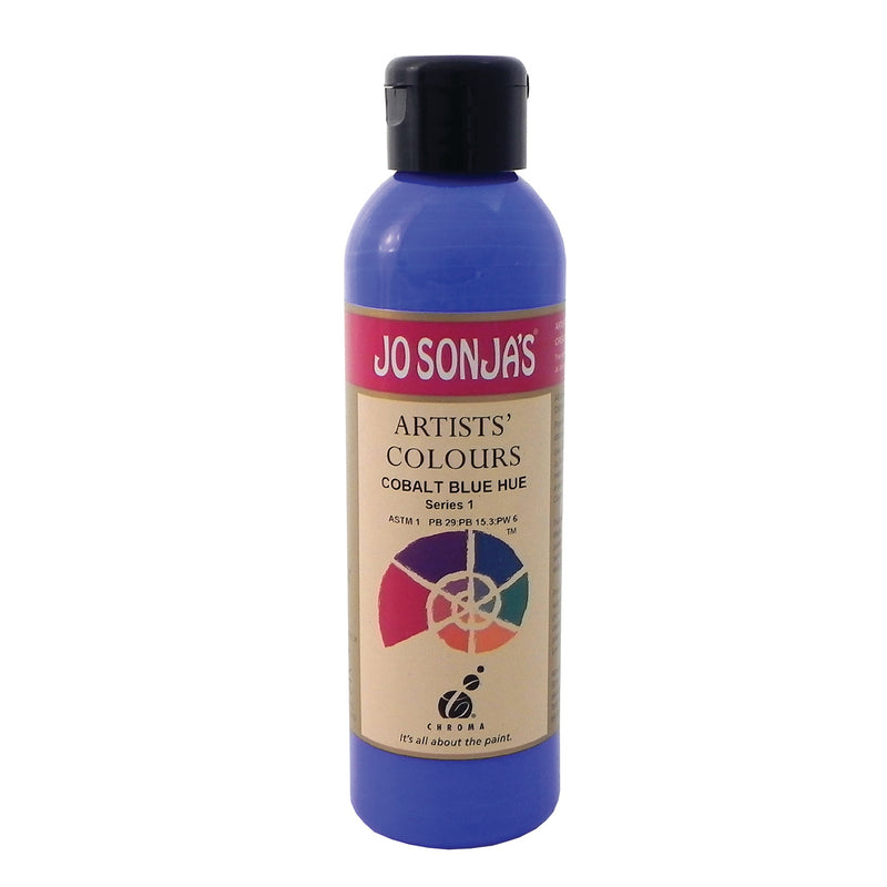 Jo Sonja's Artists' Colours Cobalt Blue Hue 250ml bottle with black flip-top cap and pink Jo Sonja's label, bright mid blue paint showing through the bottle