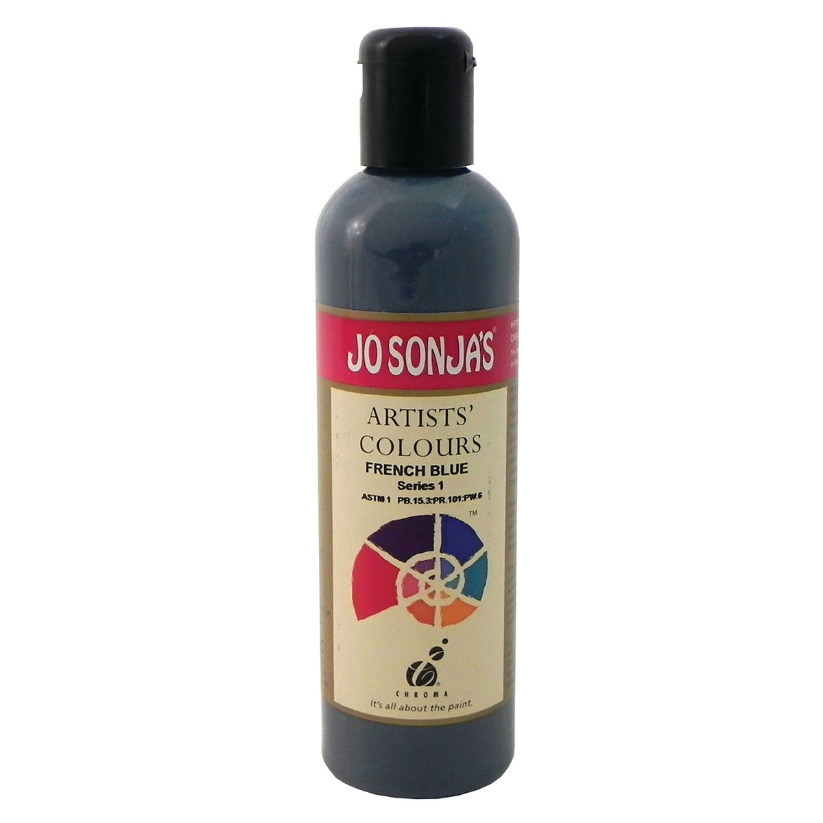 Jo Sonja's Artists' Colours French Blue 250ml bottle with black flip-top cap and pink Jo Sonja's label, dark slate blue grey paint showing through the bottle