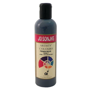 Jo Sonja's Artists' Colours French Blue 250ml bottle with black flip-top cap and pink Jo Sonja's label, dark slate blue grey paint showing through the bottle