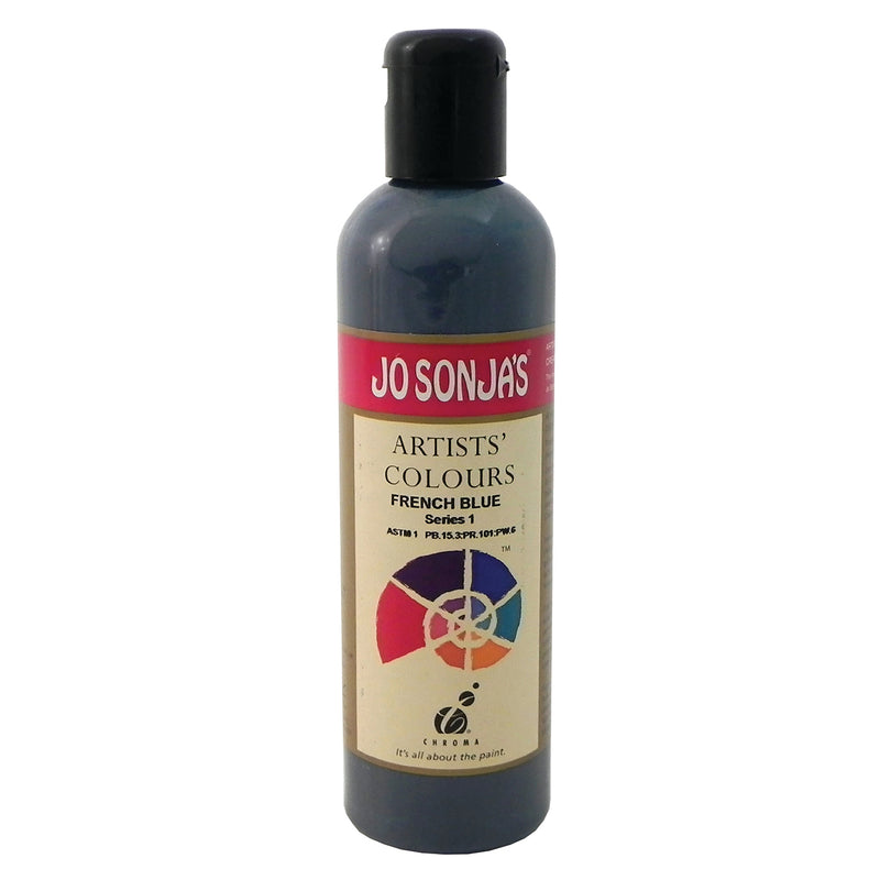 Jo Sonja's Artists' Colours French Blue 250ml bottle with black flip-top cap and pink Jo Sonja's label, dark slate blue grey paint showing through the bottle