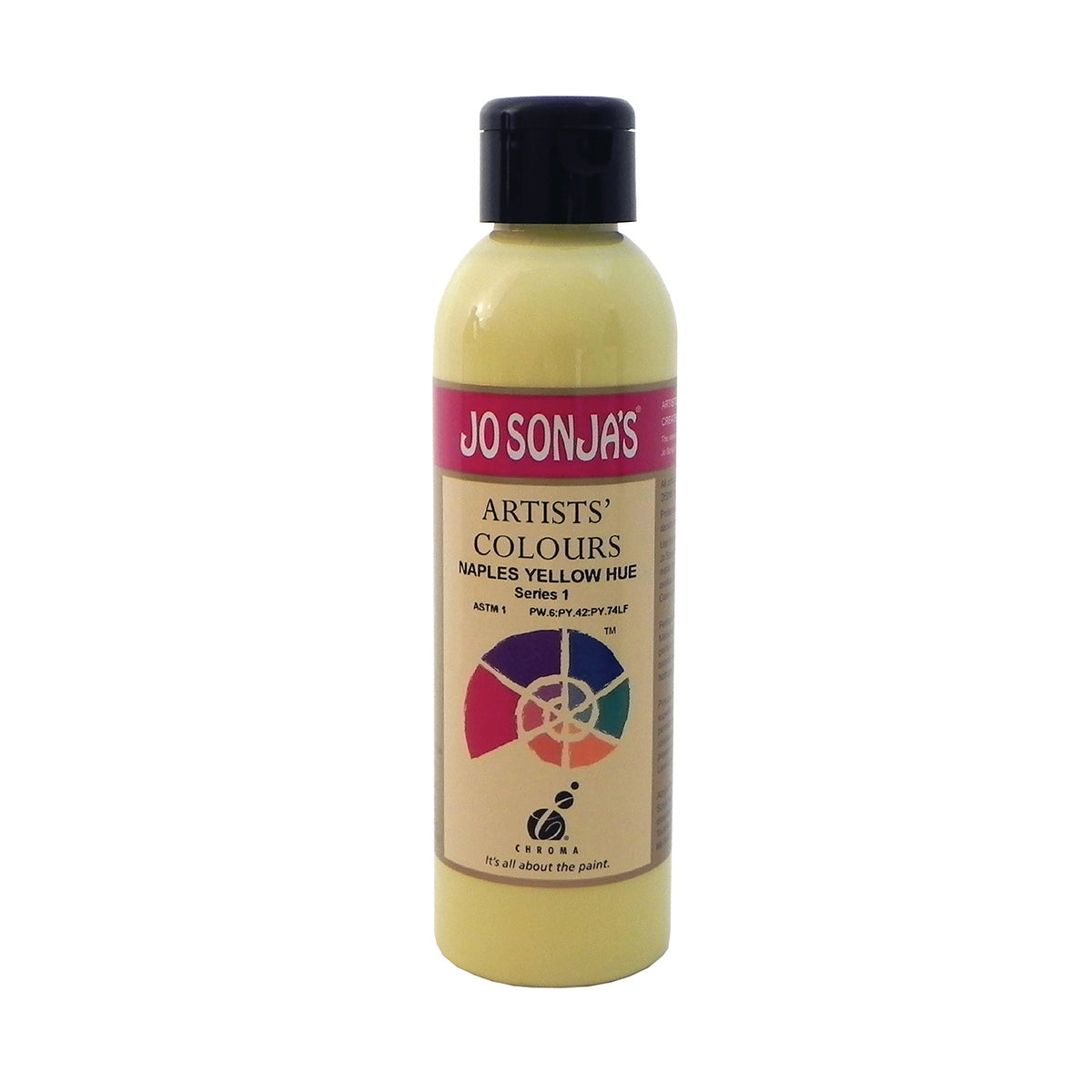 Jo Sonja's Artists' Colours Naples Yellow Hue 250ml bottle with black flip-top cap and pink Jo Sonja's label, pale butter yellow paint showing through the bottle