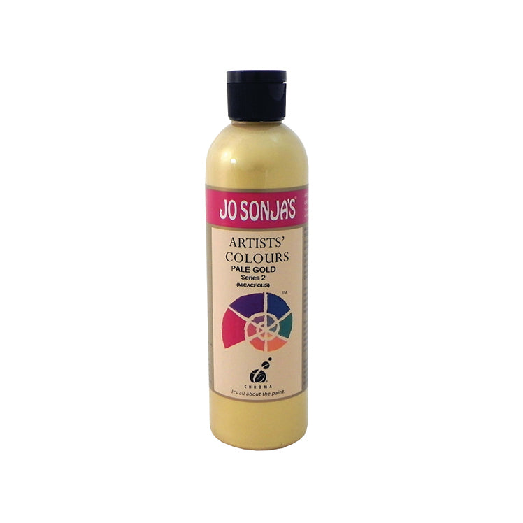 Jo Sonja's Artists' Colours Pale Gold 250ml bottle with black flip-top cap and pink Jo Sonja's label, pale gold metallic paint showing through the bottle