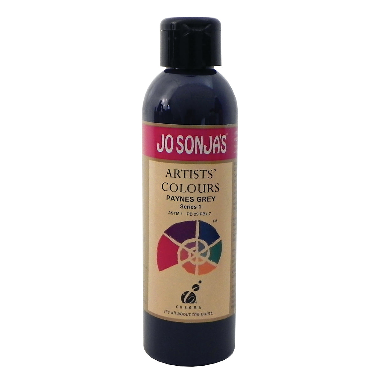 Jo Sonja's Artists' Colours Paynes Grey 250ml bottle with black flip-top cap and pink Jo Sonja's label, dark navy grey paint showing through the bottle