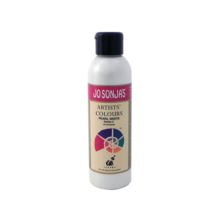 Jo Sonja's Artists' Colours Pearl White 250ml bottle with black flip-top cap and pink Jo Sonja's label, pearly white paint showing through the bottle