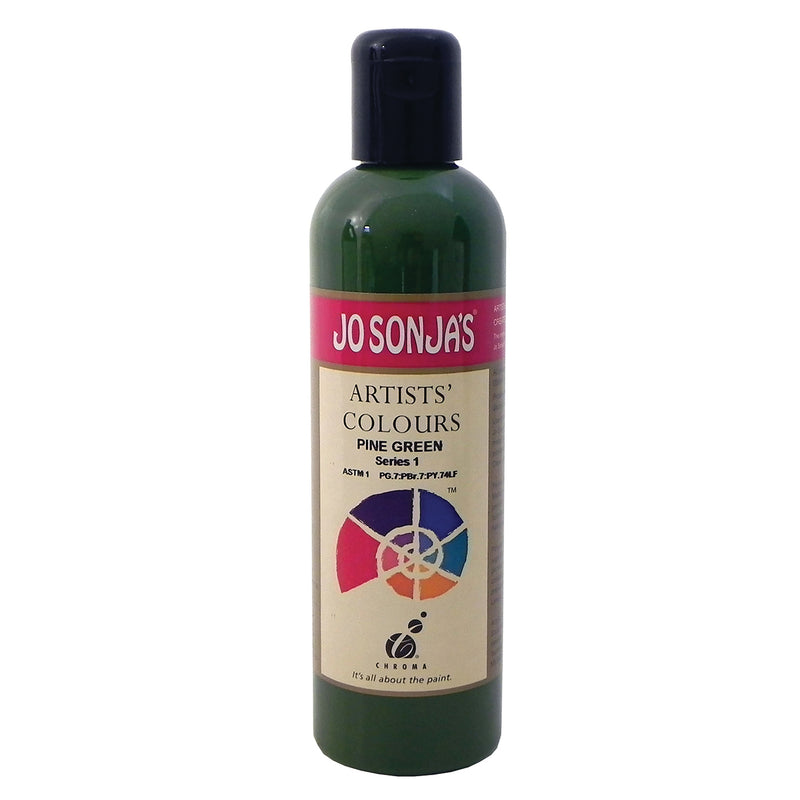 Jo Sonja's Artists' Colours Pine Green 250ml bottle with black flip-top cap and pink Jo Sonja's label, deep forest green paint showing through the bottle