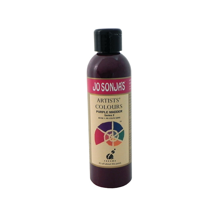 Jo Sonja's Artists' Colours Purple Madder 250ml bottle with black flip-top cap and pink Jo Sonja's label, dark plum paint showing through the bottle