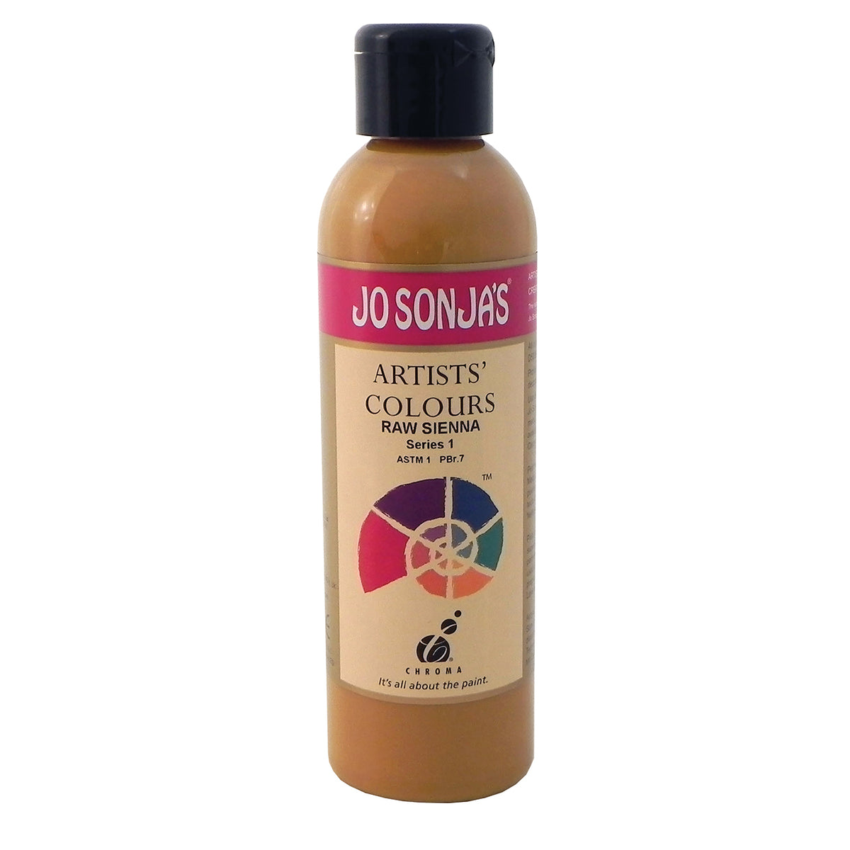 Jo Sonja's Artists' Colours Raw Sienna 250ml bottle with black flip-top cap and pink Jo Sonja's label, golden tan paint showing through the bottle