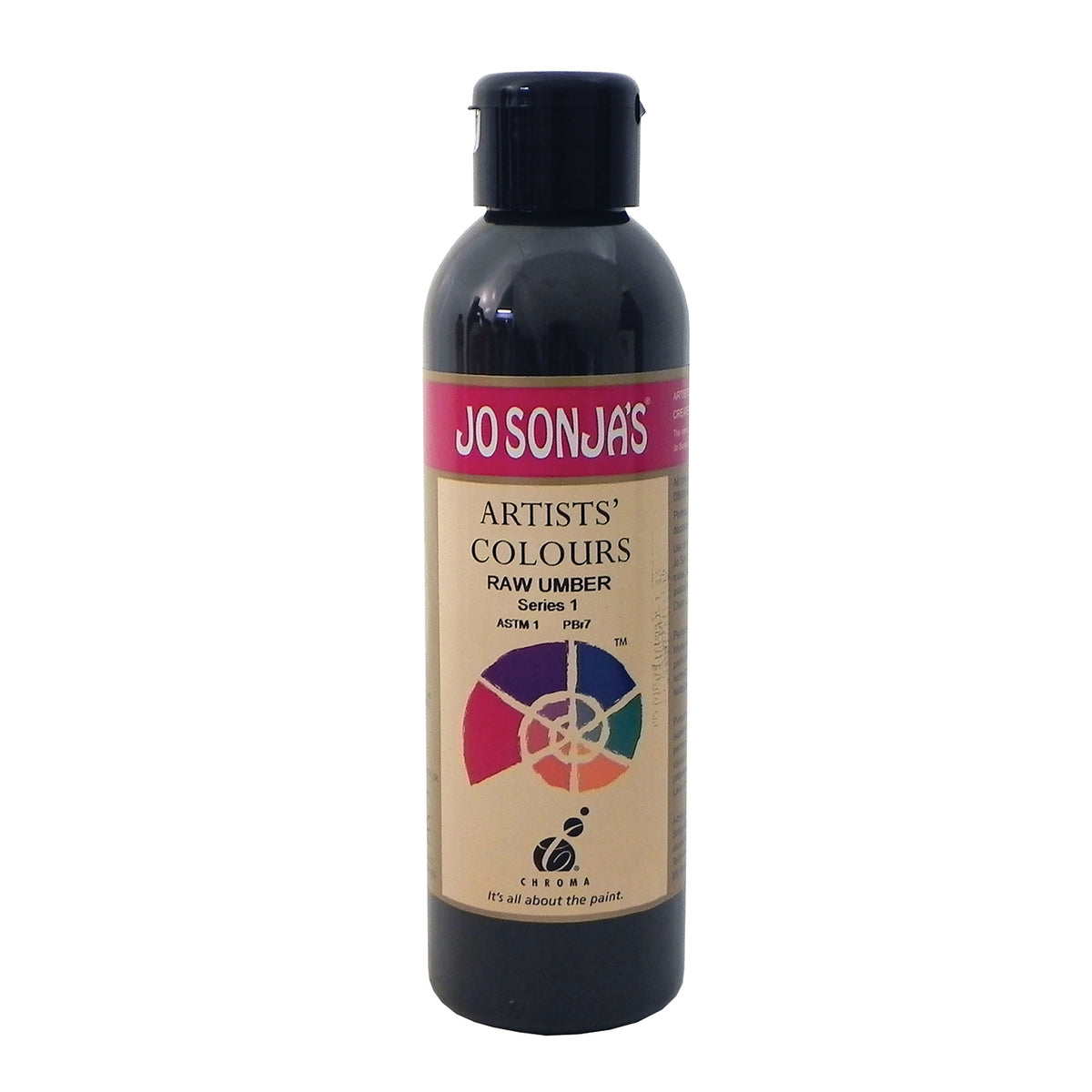 Jo Sonja's Artists' Colours Raw Umber 250ml bottle with black flip-top cap and pink Jo Sonja's label, dark olive brown paint showing through the bottle
