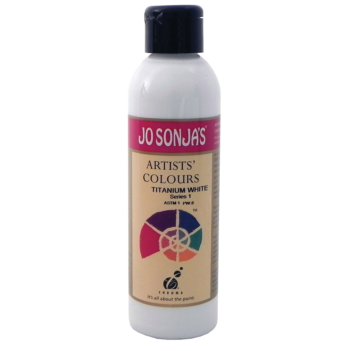 Jo Sonja's Artists' Colours Titanium White 250ml bottle with black flip-top cap and pink Jo Sonja's label, white paint showing through the bottle