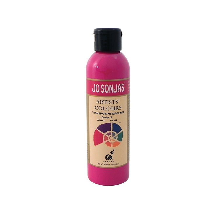 Jo Sonja's Artists' Colours Transparent Magenta 250ml bottle with black flip-top cap and pink Jo Sonja's label, vivid pink magenta paint showing through the bottle