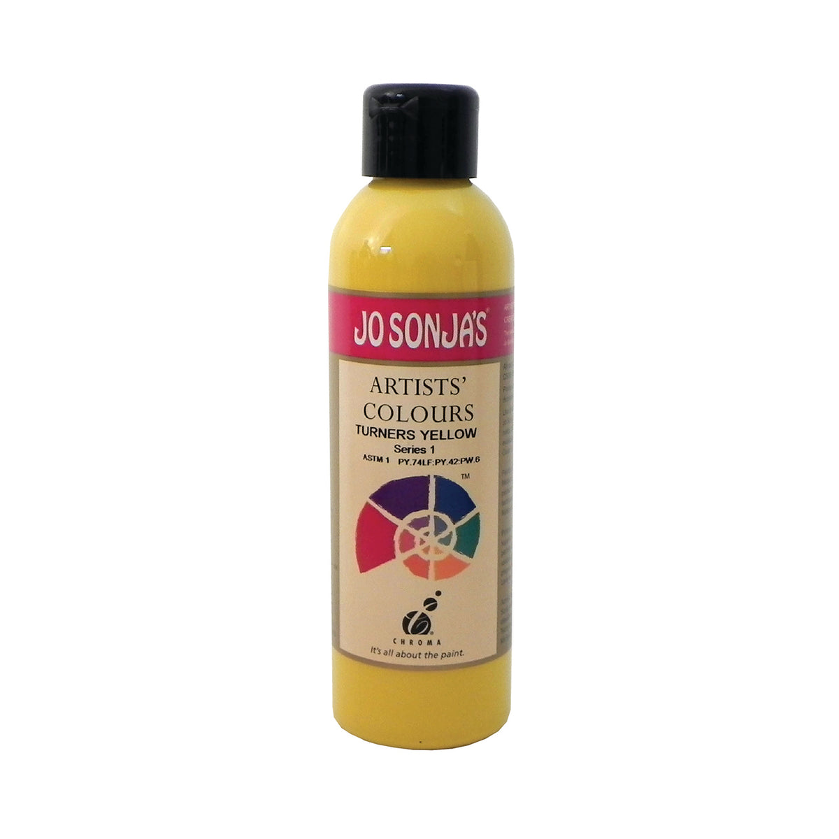 Jo Sonja's Artists' Colours Turners Yellow 250ml bottle with black flip-top cap and pink Jo Sonja's label, golden yellow paint showing through the bottle