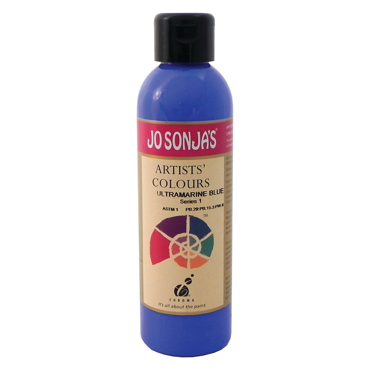 Jo Sonja's Artists' Colours Ultramarine Blue 250ml bottle with black flip-top cap and pink Jo Sonja's label, bright royal blue paint showing through the bottle