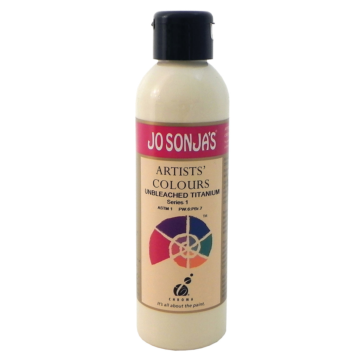 Jo Sonja's Artists' Colours Unbleached Titanium 250ml bottle with black flip-top cap and pink Jo Sonja's label, cream beige paint showing through the bottle