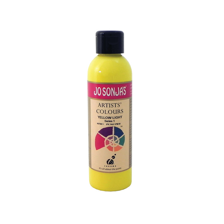 Jo Sonja's Artists' Colours Yellow Light 250ml bottle with black flip-top cap and pink Jo Sonja's label, bright lemon yellow paint showing through the bottle