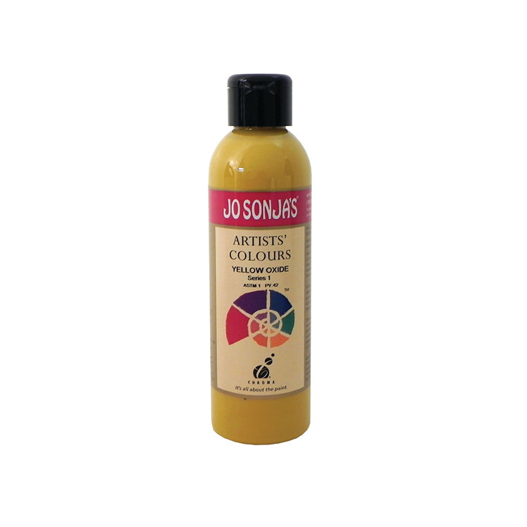 Jo Sonja's Artists' Colours Yellow Oxide 250ml bottle with black flip-top cap and pink Jo Sonja's label, mustard yellow paint showing through the bottle