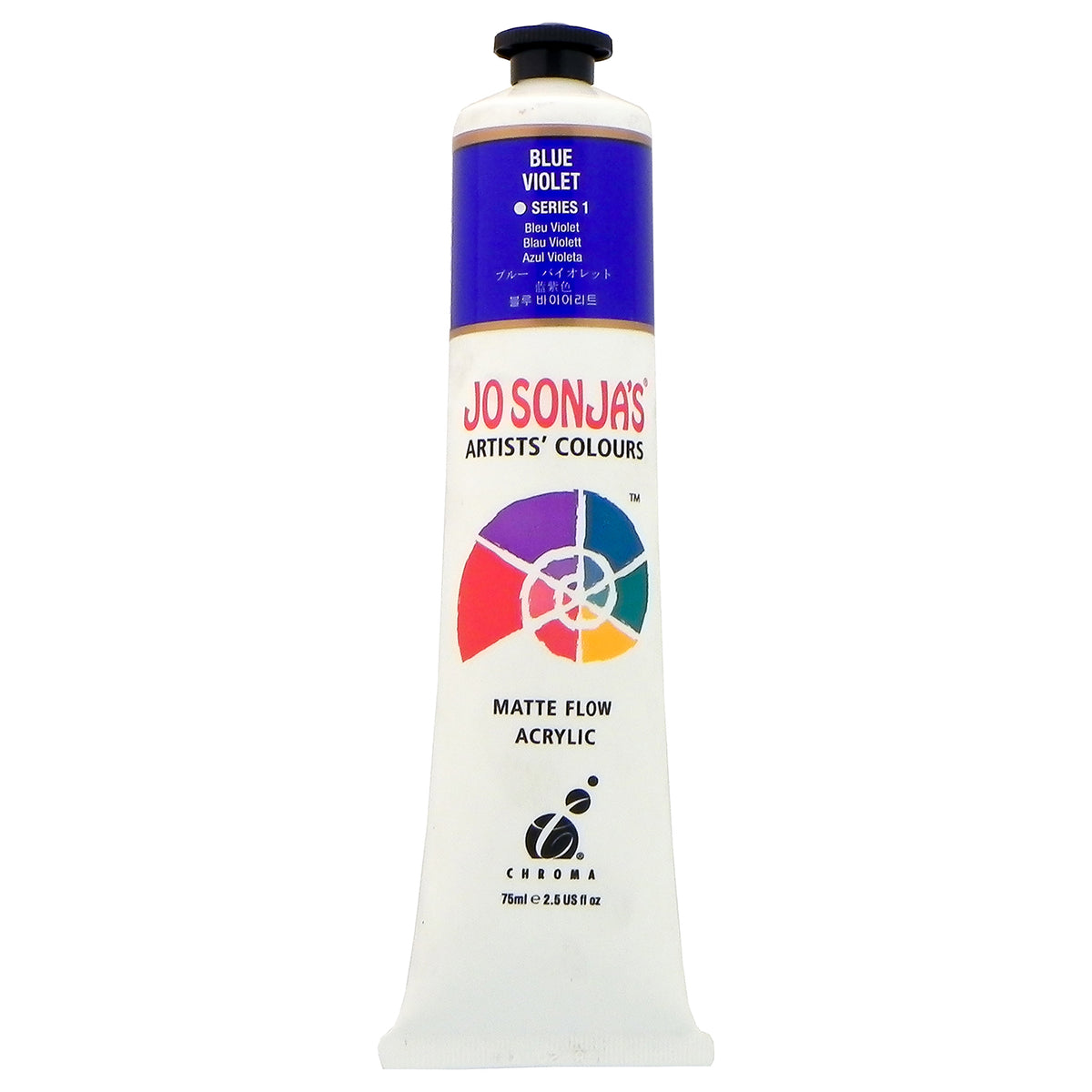 Chroma Jo Sonja's Matte Flow Acrylic 75ml tube in Blue Violet, colour band with Series 1 mark and Chroma logo