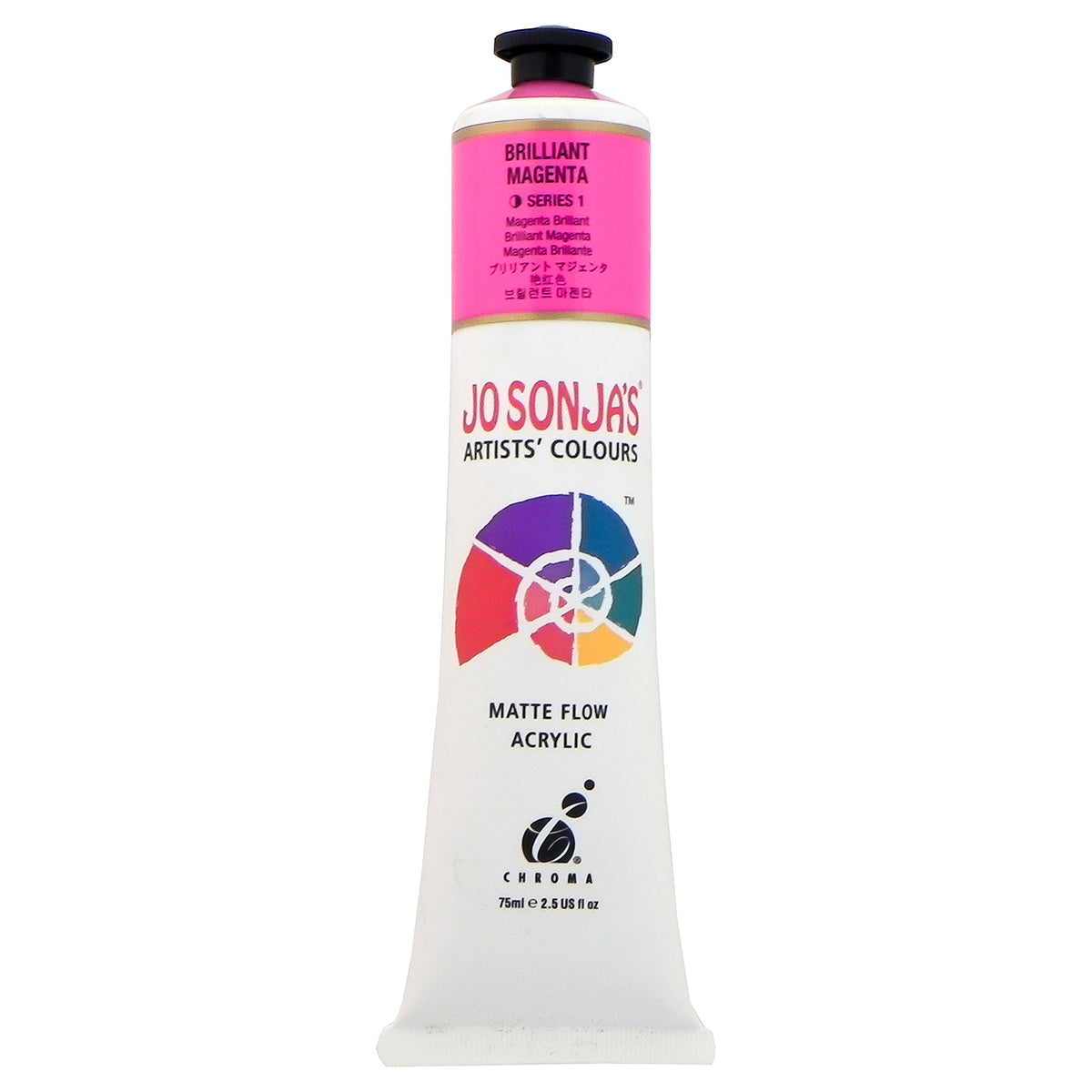 Chroma Jo Sonja's Matte Flow Acrylic 75ml tube in Brilliant Magenta, colour band with Series 1 mark and Chroma logo