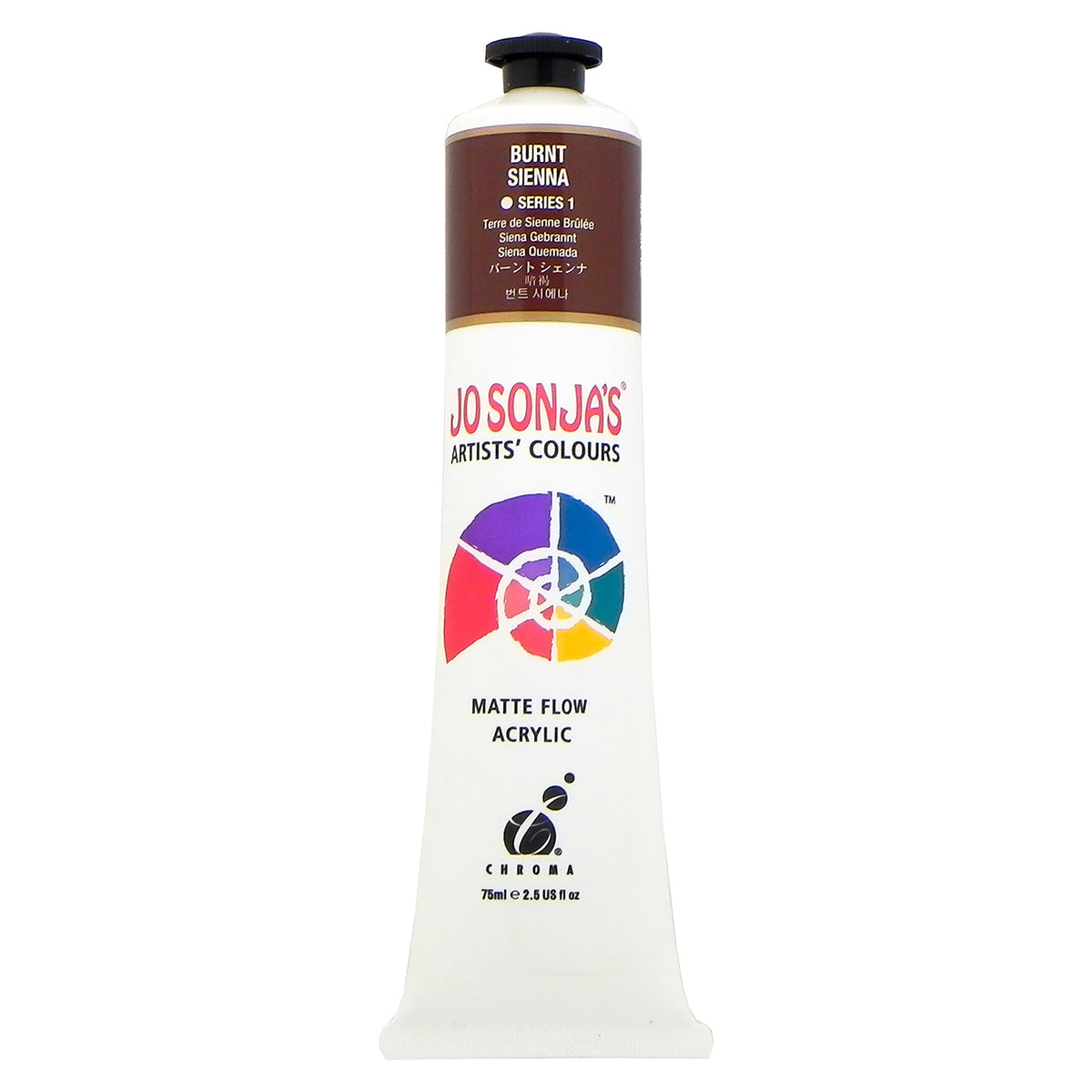 Chroma Jo Sonja's Matte Flow Acrylic 75ml tube in Burnt Sienna, colour band with Series 1 mark and Chroma logo