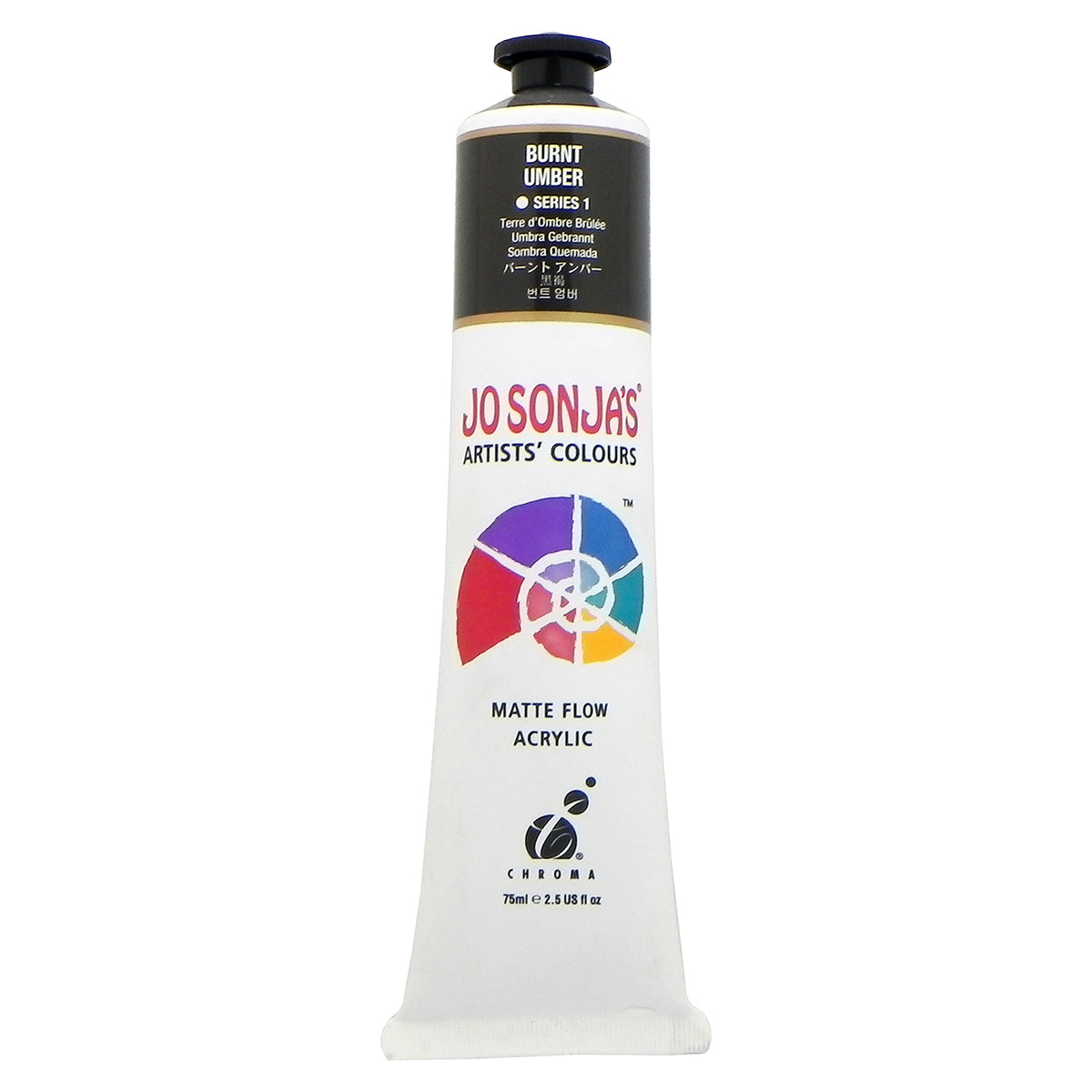 Chroma Jo Sonja's Matte Flow Acrylic 75ml tube in Burnt Umber, colour band with Series 1 mark and Chroma logo