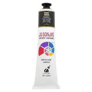 Chroma Jo Sonja's Matte Flow Acrylic 75ml tube in Burnt Umber, colour band with Series 1 mark and Chroma logo