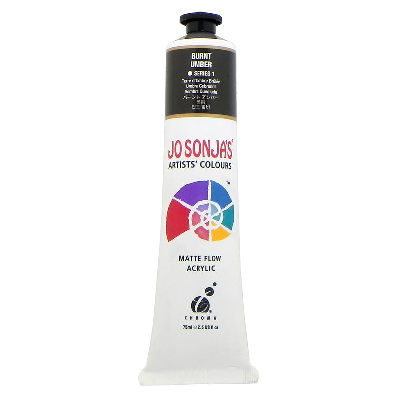 Chroma Jo Sonja's Matte Flow Acrylic 75ml tube in Burnt Umber, colour band with Series 1 mark and Chroma logo