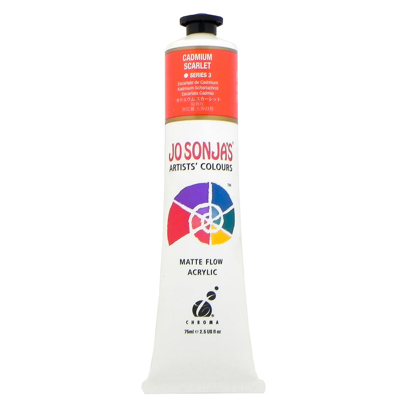 Jo Sonja's Matte Flow Acrylic Cadmium Scarlet 75ml tube with coral red label band reading Series 3