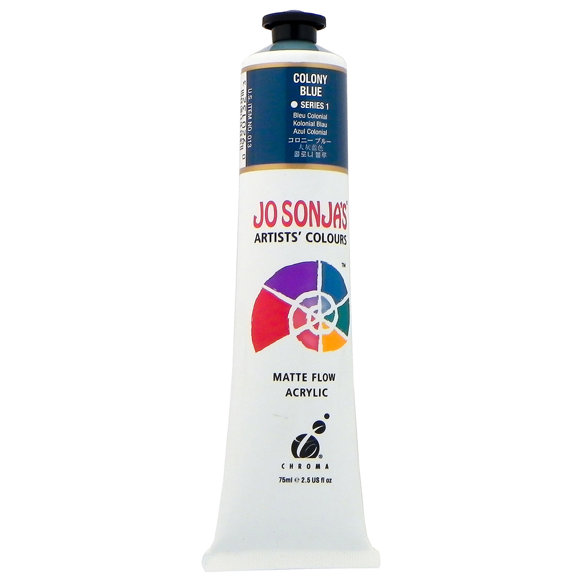 Chroma Jo Sonja's Matte Flow Acrylic 75ml tube in Colony Blue, colour band with Series 1 mark and Chroma logo