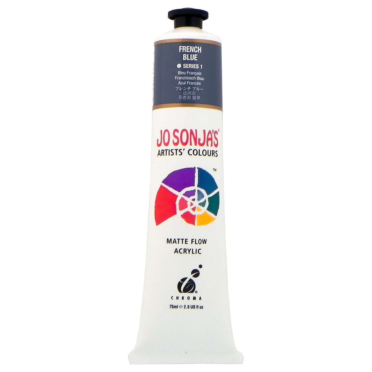 Chroma Jo Sonja's Matte Flow Acrylic 75ml tube in French Blue, colour band with Series 1 mark and Chroma logo