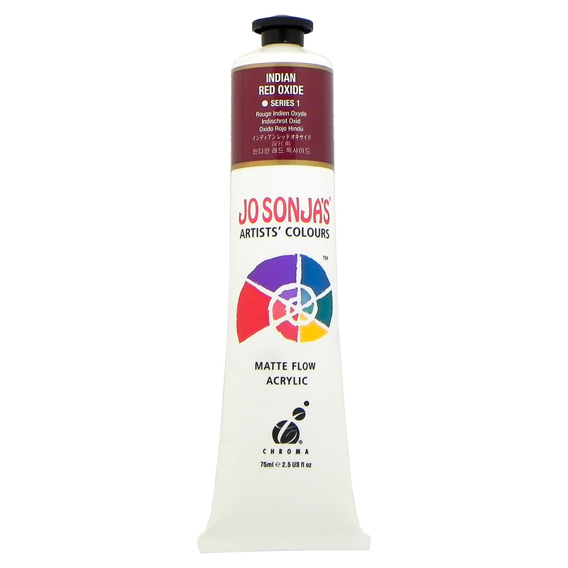 Chroma Jo Sonja's Matte Flow Acrylic 75ml tube in Indian Red Oxide, colour band with Series 1 mark and Chroma logo