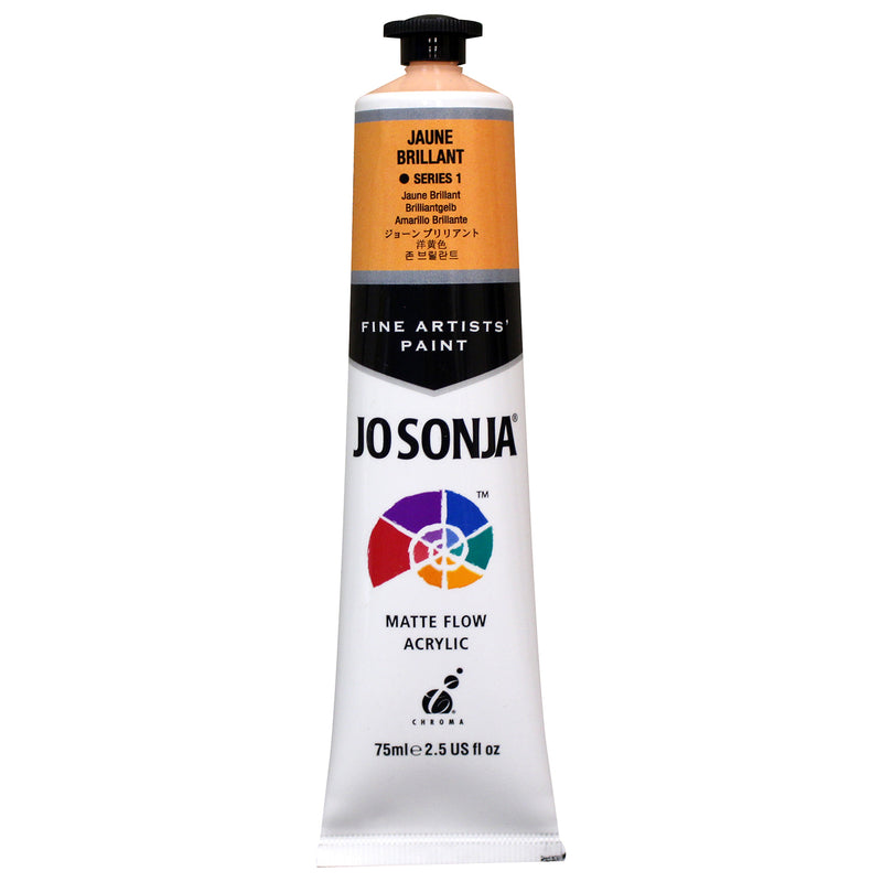 Chroma Jo Sonja's Matte Flow Acrylic 75ml tube in Jaune Brilliant, colour band with Series 1 mark and Chroma logo