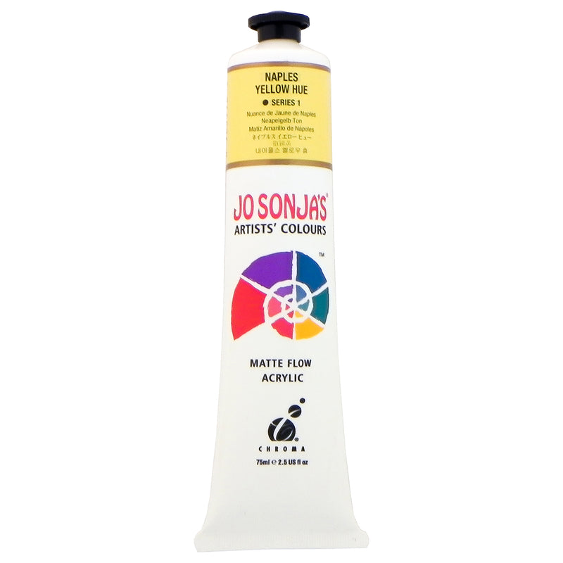 Chroma Jo Sonja's Matte Flow Acrylic 75ml tube in Naples Yellow Hue, colour band with Series 1 mark and Chroma logo