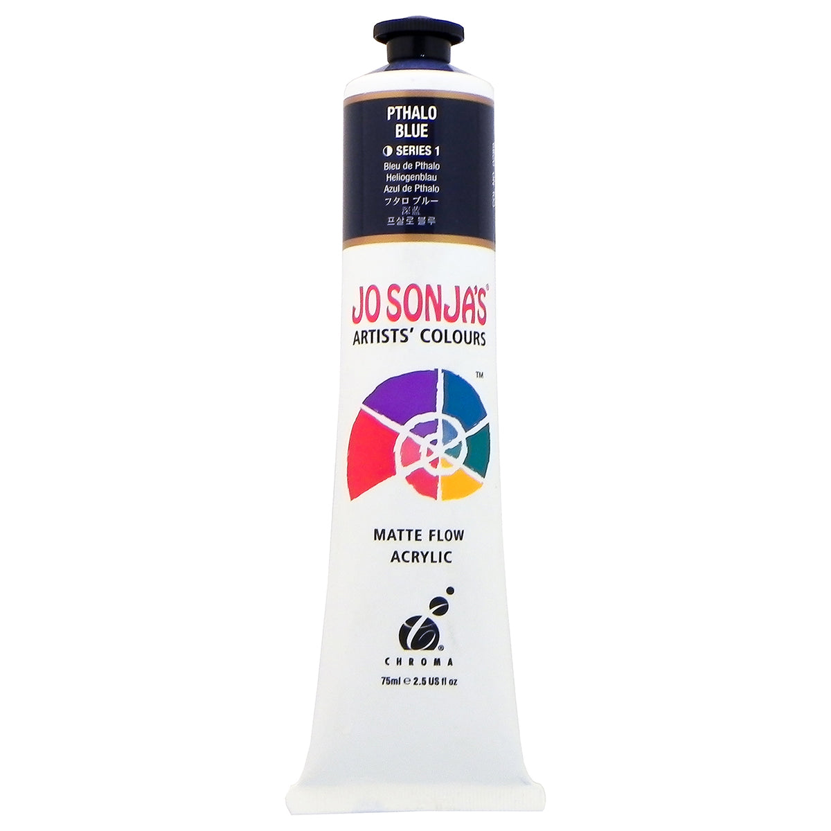 Chroma Jo Sonja's Matte Flow Acrylic 75ml tube in Phthalo Blue, colour band with Series 1 mark and Chroma logo