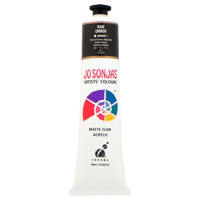 Chroma Jo Sonja's Matte Flow Acrylic 75ml tube in Raw Umber, colour band with Series 1 mark and Chroma logo