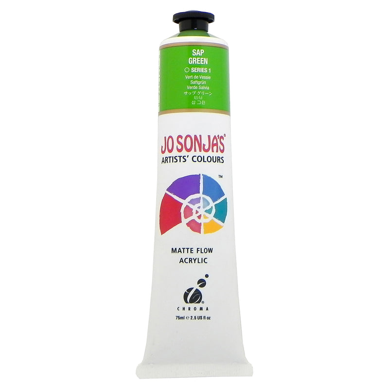 Jo Sonja's Matte Flow Acrylic Sap Green 75ml tube with green label band and Artists' Colours wordmark